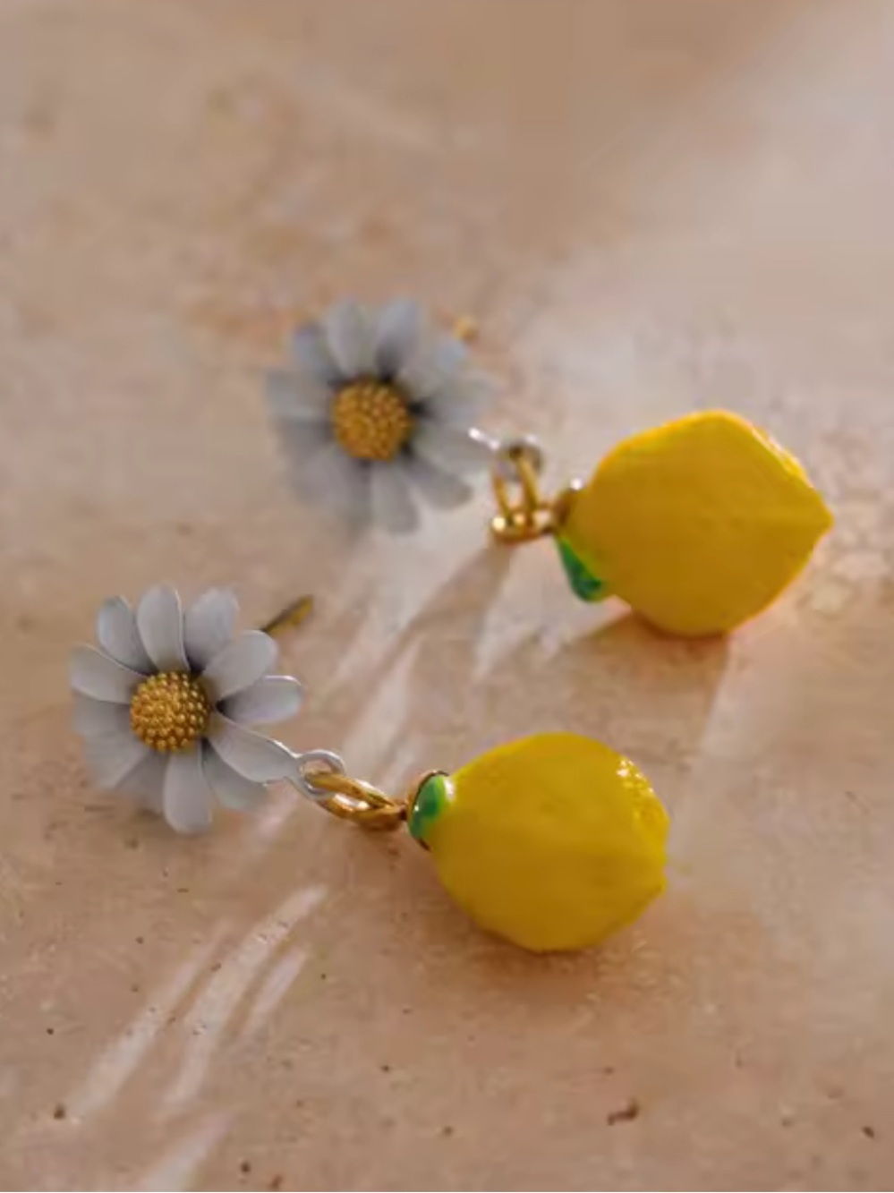 White Daisy Yellow Lemon Drop Earrings